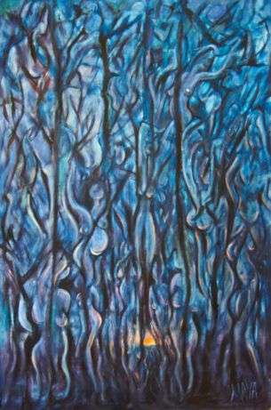 The Feminine Forest of the Winter Dawn gracefully portrays the beautiful connected relationship we have to each other and the forces of nature.  The Matrix of Creation assures Fertility through the lunar Phase at the Moment of a Woman's Birth.

Oil on Canvas.   22 x 30
SELECT TITLE TO VIEW PAINTING