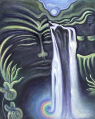 Maui, the Hawaiian God known to Lasso the Sun, watches over his Mother Goddess Hina who Travels the Rainbow to the Moon, as she plays around her home beneath the Magical Misty Rainbow Falls.