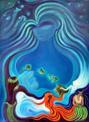 The Goddess Uli, 'Resplendent Lady of the Sky', 'dreams' the Hawaiian Islands into Haumea, Goddess of Birth.  Born is Kanaloa God of the Sea, Kane of the Land, Namaka of the Wave, Pele Fire Goddess of Creation, Poli'ahu of the snowy Mauna o WaKea, and Naka, dancing the Hula of Life.